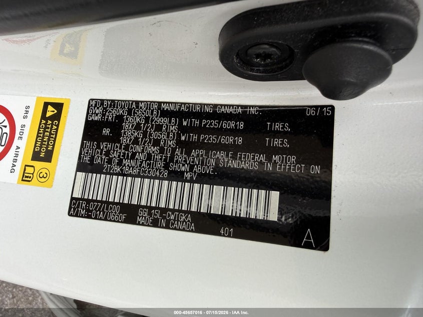 2015 Lexus Rx VIN 2T2BK1BA8FC330428 IAAI salvage auction — RIGHT FRONT, Salvage Title, sold $8,900 on 2026-07-29 (photo 9)