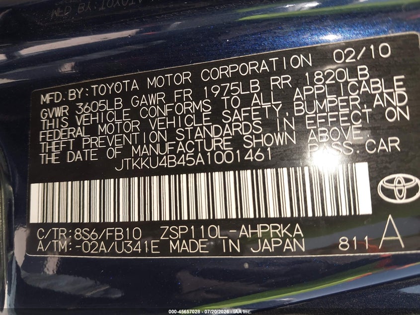 2010 Scion Xd VIN JTKKU4B45A1001461 IAAI salvage auction — FRONT END, Salvage (Texas), sold $350 on 2026-08-03 (photo 9)