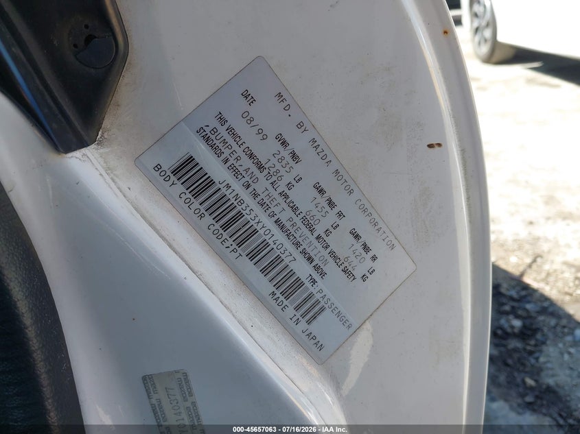 2000 Mazda Mx-5 miata VIN JM1NB353XY0140377 IAAI salvage auction — NORMAL WEAR, Clear - Dealer Only (California), sold $625 on 2026-07-23 (photo 9)