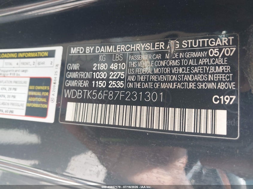2007 Mercedes-benz Clk-class VIN WDBTK56F87F231301 IAAI salvage auction — NORMAL WEAR, Clear (Tennessee), sold $150 on 2026-08-18 (photo 9)