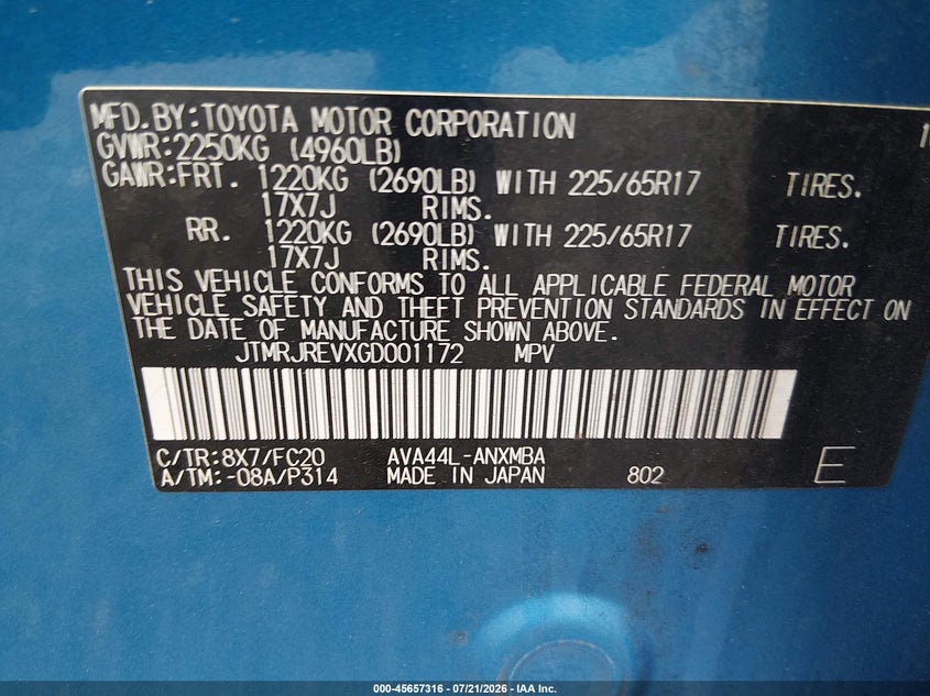 2016 Toyota Rav 4 VIN JTMRJREVXGD001172 IAAI salvage auction — LEFT FRONT, Salvage - 75% Or Less (Maryland), sold $4,450 on 2026-07-30 (photo 9)