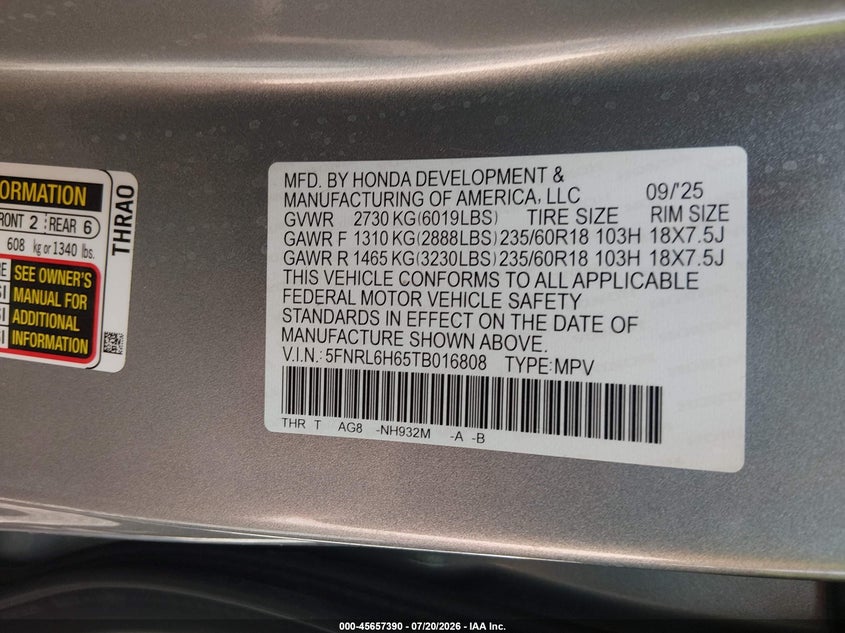 2026 Honda Odyssey VIN 5FNRL6H65TB016808 IAAI salvage auction — LEFT SIDE, Salvage (Ohio), sold $8,850 on 2026-09-03 (photo 9)