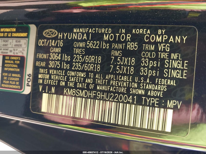 2017 Hyundai Santa fe VIN KM8SMDHF9HU220041 IAAI salvage auction — NORMAL WEAR, Salvage Title, sold $1,850 on 2026-07-30 (photo 9)