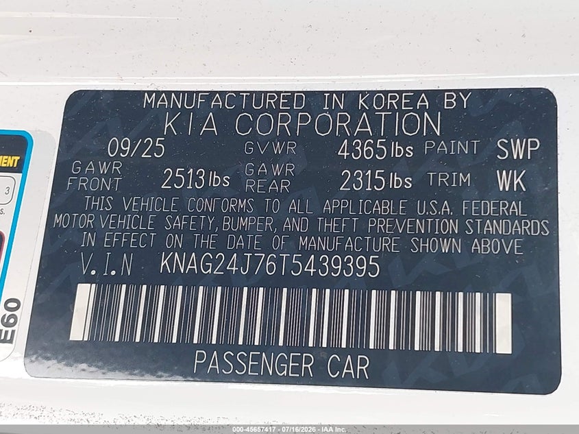 2026 Kia K5 VIN KNAG24J76T5439395 IAAI salvage auction — LEFT SIDE, Salvage Title, sold $16,500 on 2026-07-23 (photo 9)