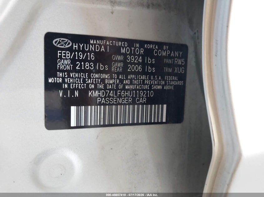 2017 Hyundai Elantra VIN KMHD74LF6HU119210 IAAI salvage auction — NORMAL WEAR, Salvage Title, sold $1,200 on 2026-07-30 (photo 9)