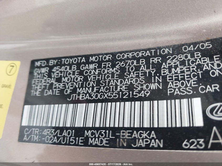 2005 Lexus Es 330 VIN JTHBA30GX55121549 IAAI salvage auction — NORMAL WEAR, Original (Texas), sold $975 on 2026-08-01 (photo 9)