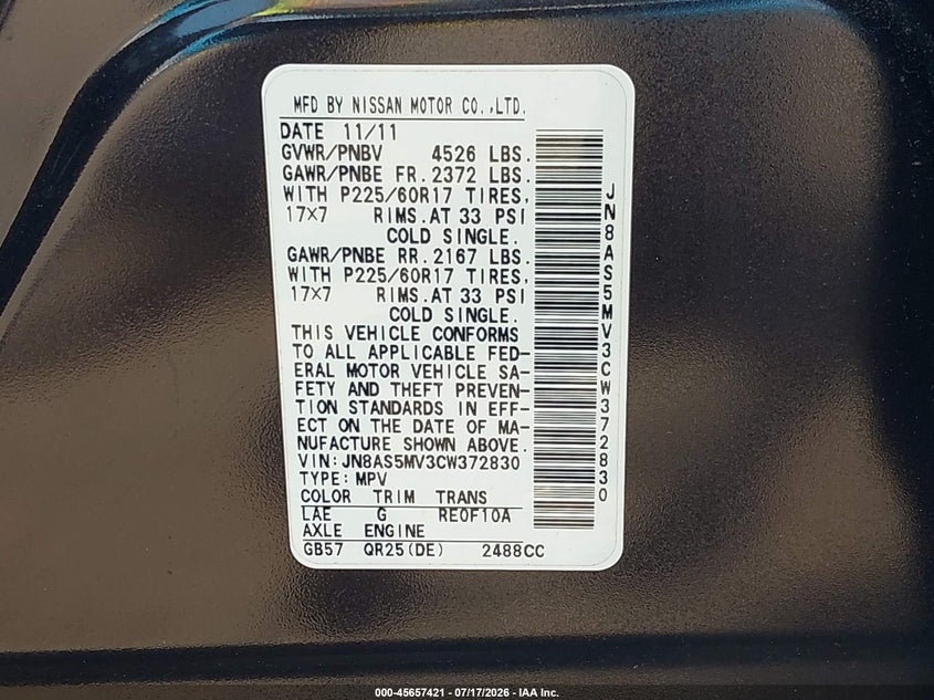 2012 Nissan Rogue VIN JN8AS5MV3CW372830 IAAI salvage auction — NORMAL WEAR, Clear (New Jersey), sold $425 on 2026-07-27 (photo 9)