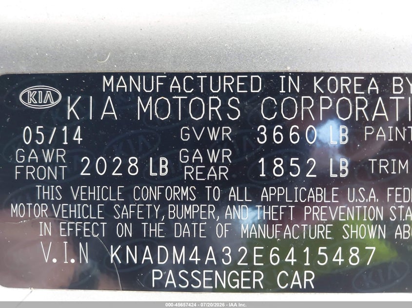 2014 Kia Rio VIN KNADM4A32E6415487 IAAI salvage auction — LEFT FRONT, Clear (North Carolina), sold $375 on 2026-07-22 (photo 9)