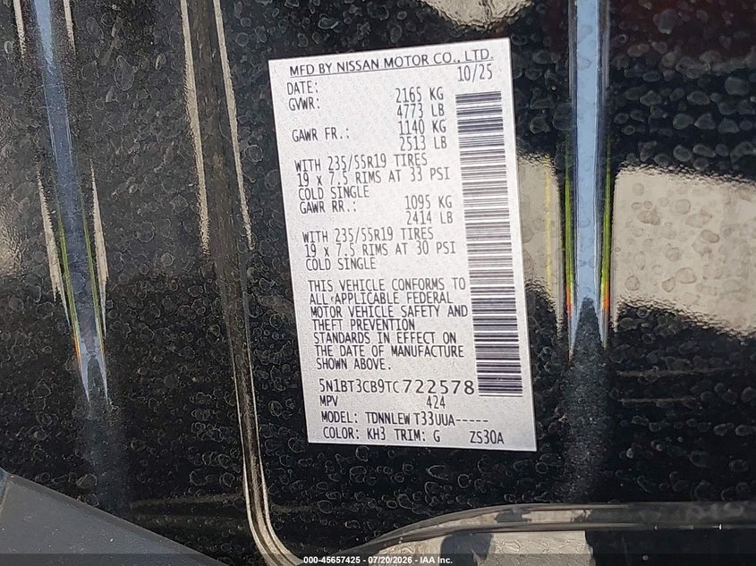 2026 Nissan Rogue VIN 5N1BT3CB9TC722578 IAAI salvage auction — REAR END, Clear (Tennessee), sold $15,250 on 2026-07-30 (photo 9)