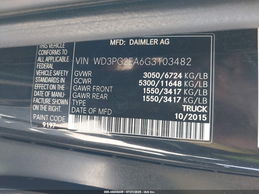2016 Mercedes-benz Metris VIN WD3PG2EA6G3103482 IAAI salvage auction — REAR END, Original (Texas), sold $25 on 2026-08-30 (photo 9)