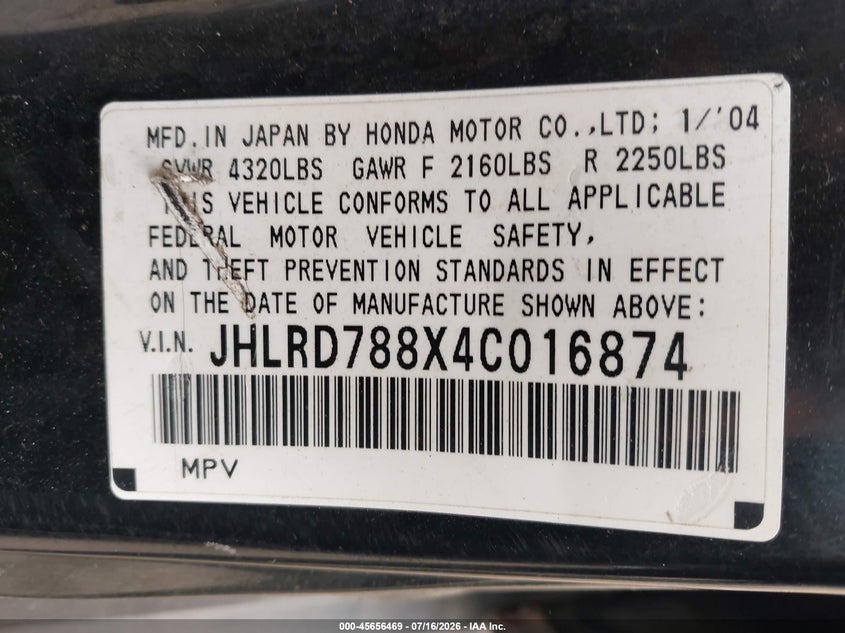 2004 Honda Cr-v VIN JHLRD788X4C016874 IAAI salvage auction — NORMAL WEAR, Clear (Pennsylvania), sold $225 on 2026-07-30 (photo 9)