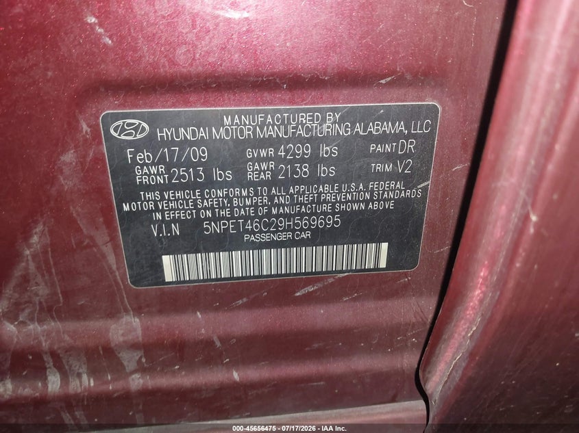 2009 Hyundai Sonata VIN 5NPET46C29H569695 IAAI salvage auction — LEFT FRONT, Salvage (Arizona), sold $450 on 2026-07-29 (photo 9)