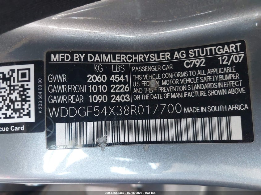 2008 Mercedes-benz C class VIN WDDGF54X38R017700 IAAI salvage auction — SIDE, Salvage (California), sold $550 on 2026-08-03 (photo 9)
