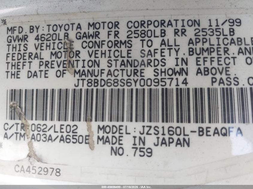 2000 Lexus Gs 300 VIN JT8BD68S6Y0095714 IAAI salvage auction — NORMAL WEAR, Clear - Dealer Only (California), sold $25 on 2026-07-29 (photo 9)