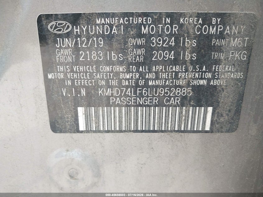 2020 Hyundai Elantra VIN KMHD74LF6LU952885 IAAI salvage auction — NORMAL WEAR, Clear (Maryland), sold $1,100 on 2026-07-30 (photo 9)