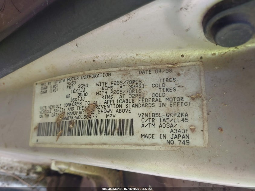1998 Toyota 4runner VIN JT3HN87R2W0180473 IAAI salvage auction — NORMAL WEAR, Clear (South Carolina), sold $675 on 2026-07-28 (photo 9)