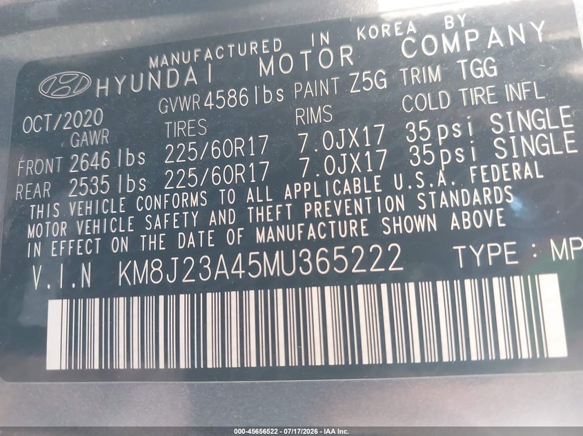 2021 Hyundai Tucson VIN KM8J23A45MU365222 IAAI salvage auction — THEFT, Salvage (California), sold $3,500 on 2026-07-29 (photo 9)