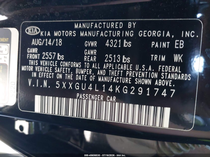 2019 Kia Optima VIN 5XXGU4L14KG291747 IAAI salvage auction — REAR END, Salvage Certificate (California), sold $1,650 on 2026-07-19 (photo 9)