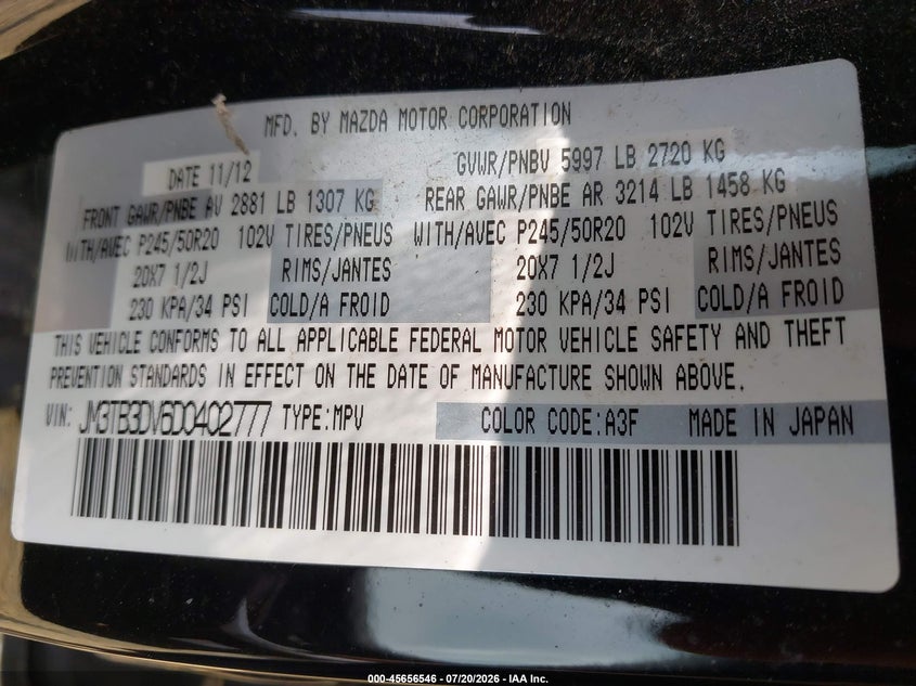 2013 Mazda Cx-9 VIN JM3TB3DV6D0402777 IAAI salvage auction — NORMAL WEAR, Clear (Virginia), sold $25 on 2026-07-27 (photo 9)