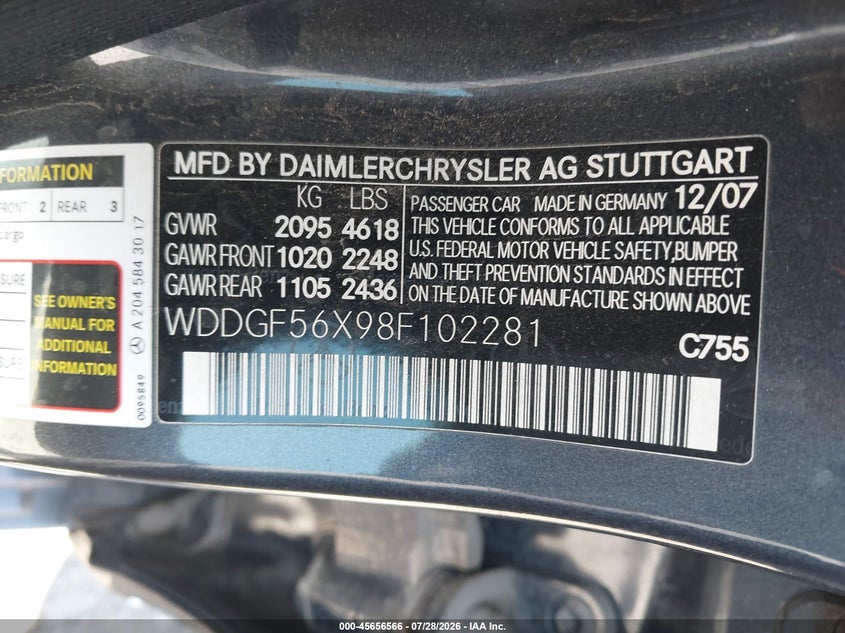 2008 Mercedes-benz C-klasse VIN WDDGF56X98F102281 IAAI salvage auction — FRONT END, Salvage (Arizona), sold $525 on 2026-08-14 (photo 9)