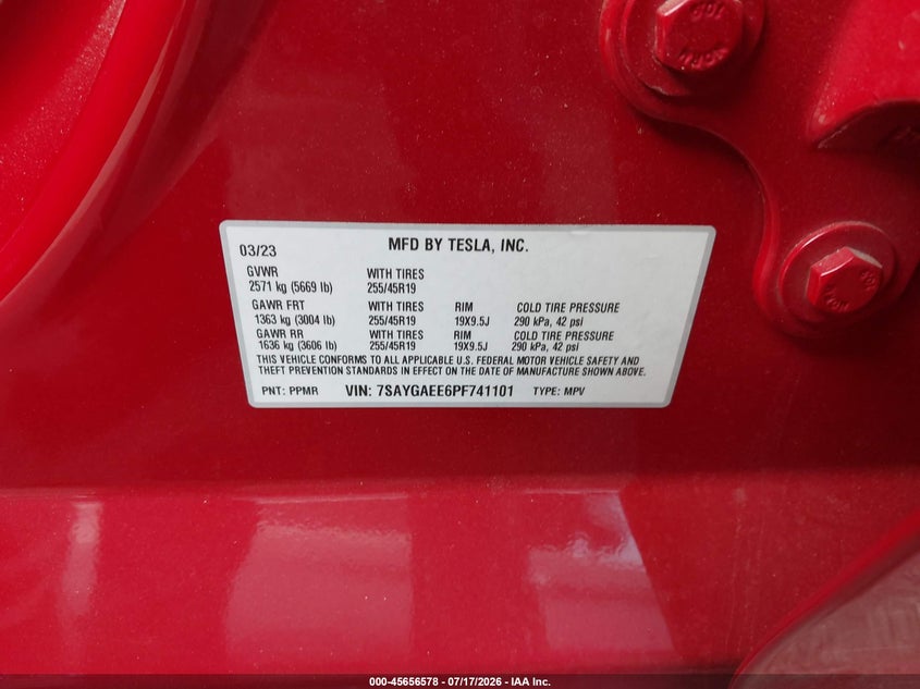 2023 Tesla Model y VIN 7SAYGAEE6PF741101 IAAI salvage auction — RIGHT FRONT, Wait Title, sold $12,500 on 2026-07-31 (photo 9)