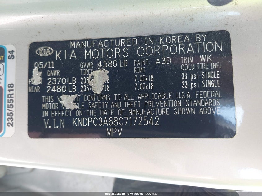 2012 Kia Sportage VIN KNDPC3A68C7172542 IAAI salvage auction — NORMAL WEAR, Clear (Illinois), sold $25 on 2026-07-29 (photo 9)