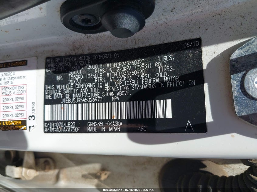 2010 Toyota 4runner VIN JTEBU5JR5A5026973 IAAI salvage auction — NORMAL WEAR, Clear - Dealer Only (California), sold $9,550 on 2026-07-28 (photo 9)