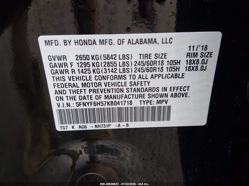 2019 Honda Pilot VIN 5FNYF6H57KB041718 IAAI salvage auction — RIGHT SIDE, Salvage Title, sold $8,850 on 2026-08-18 (photo 9)