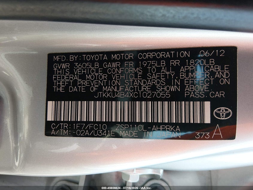 2012 Scion Xd VIN JTKKU4B4XC1027055 IAAI salvage auction — NORMAL WEAR, Clear (Nevada), sold $25 on 2026-07-24 (photo 9)