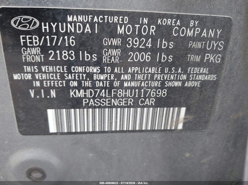 2017 Hyundai Elantra VIN KMHD74LF8HU117698 IAAI salvage auction — NORMAL WEAR, Clear (Colorado), sold $500 on 2026-07-29 (photo 9)
