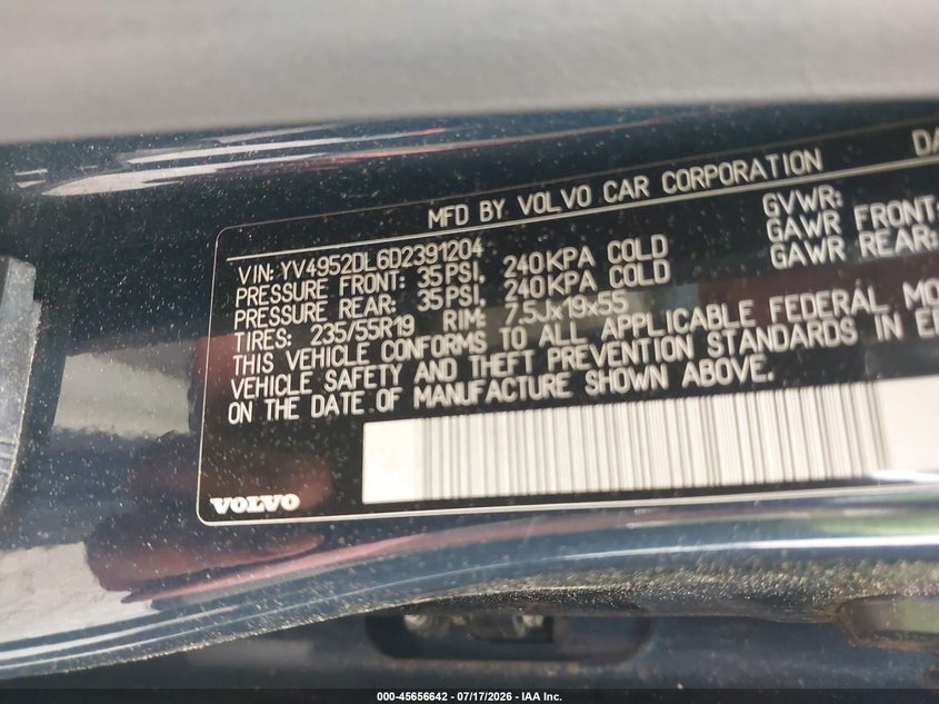 2013 Volvo Xc60 VIN YV4952DL6D2391204 IAAI salvage auction — NORMAL WEAR, Clear (Maryland), sold $625 on 2026-07-30 (photo 9)
