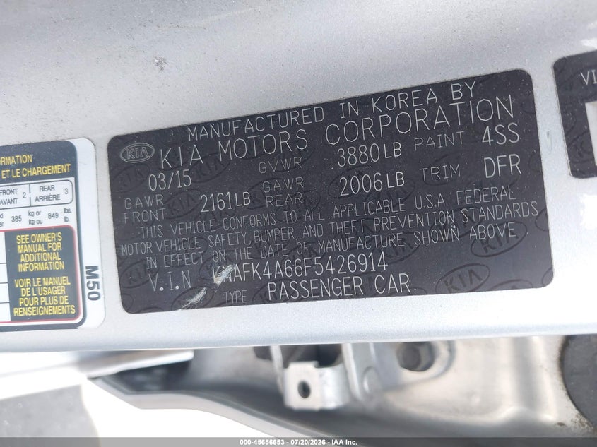2015 Kia Forte VIN KNAFK4A66F5426914 IAAI salvage auction — REAR END, Salvage Certificate (California), sold $1,500 on 2026-08-01 (photo 9)