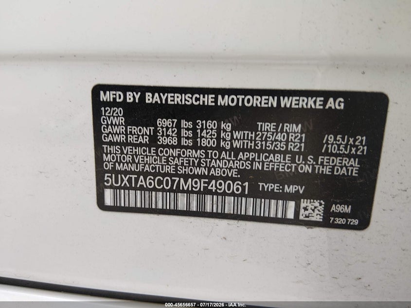 2021 BMW X5 VIN 5UXTA6C07M9F49061 IAAI salvage auction — FRONT END, Bill Of Sale (Washington), sold $21,000 on 2026-07-25 (photo 9)