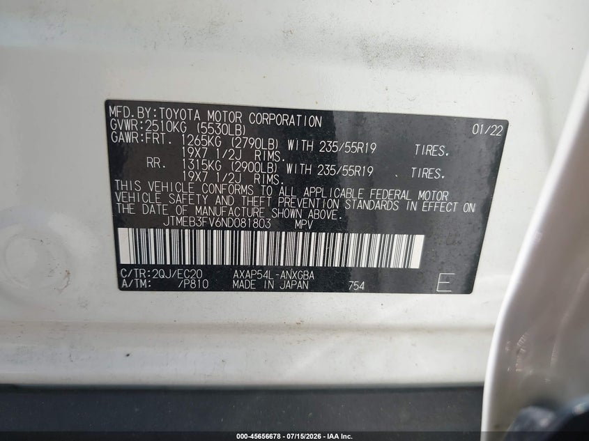 2022 Toyota Rav 4 VIN JTMEB3FV6ND081803 IAAI salvage auction — NORMAL WEAR, Salvage Title, sold $1,000 on 2026-07-21 (photo 9)