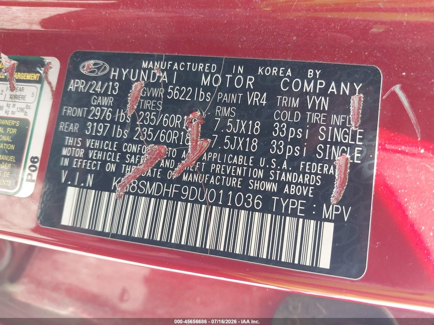 2013 Hyundai Santa fe VIN KM8SMDHF9DU011036 IAAI salvage auction — NORMAL WEAR, Clear (Illinois), sold $1,050 on 2026-07-29 (photo 9)