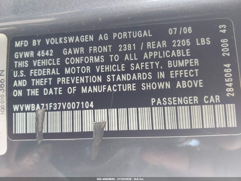 2007 Volkswagen Eos VIN WVWBA71F37V007104 IAAI salvage auction — NORMAL WEAR, Clear (Tennessee), sold $25 on 2026-07-29 (photo 9)