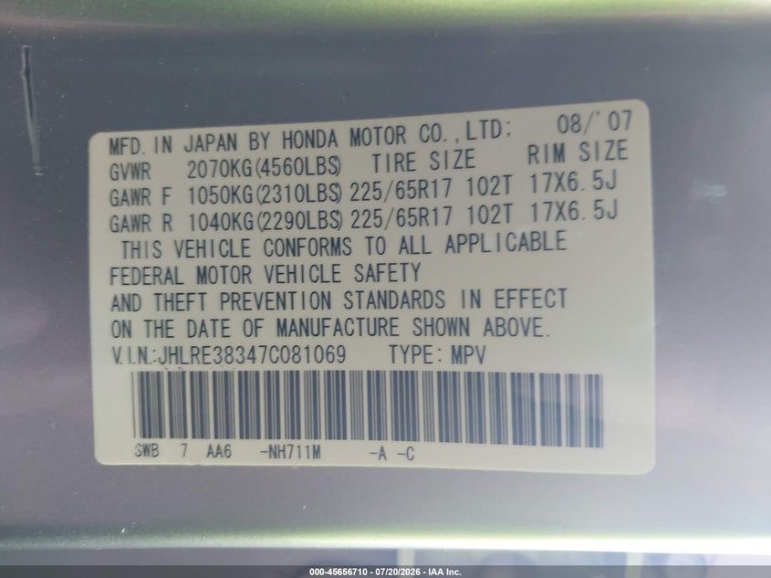 2007 Honda Cr-v VIN JHLRE38347C081069 IAAI salvage auction — RIGHT FRONT, Salvage Certificate (California), sold $1,850 on 2026-07-25 (photo 9)
