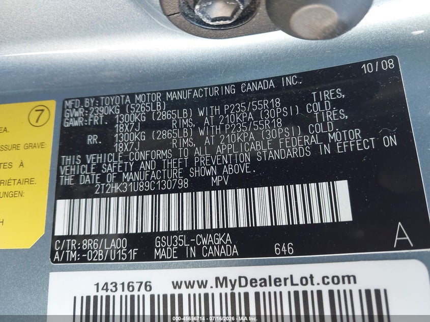 2009 Lexus Rx 350 VIN 2T2HK31U89C130798 IAAI salvage auction — FRONT END, Salvage (California), sold $1,900 on 2026-08-29 (photo 9)