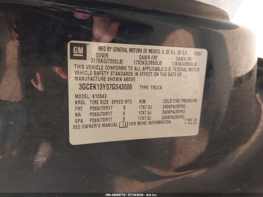 2007 Chevrolet Silverado 1500 VIN 3GCEK13Y07G543006 IAAI salvage auction — NORMAL WEAR, Clear (Minnesota), sold $750 on 2026-07-24 (photo 9)