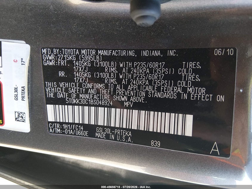 2011 Toyota Sienna VIN 5TDKK3DC1BS048924 IAAI salvage auction — NORMAL WEAR, Clear (New Jersey), sold $575 on 2026-07-27 (photo 9)