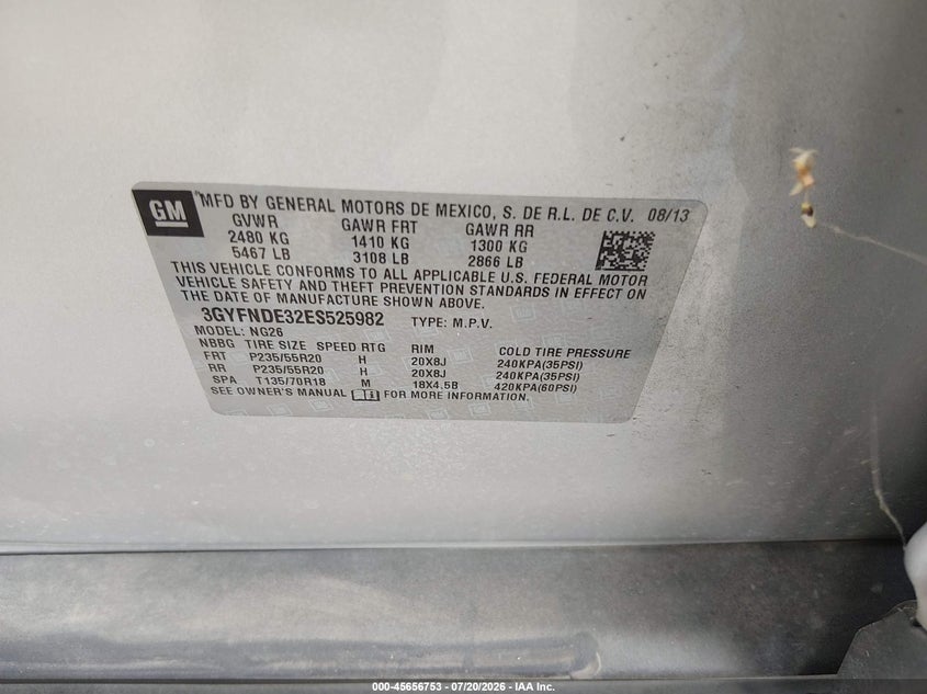 2014 Cadillac Srx VIN 3GYFNDE32ES525982 IAAI salvage auction — FRONT END, Salvage Certificate (California), sold $550 on 2026-07-31 (photo 9)