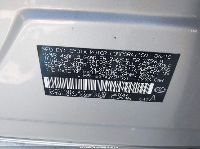 2010 Lexus Es 350 VIN JTHBK1EG3A2401061 IAAI salvage auction — LEFT REAR, Salvage (California), sold $25 on 2026-07-31 (photo 9)