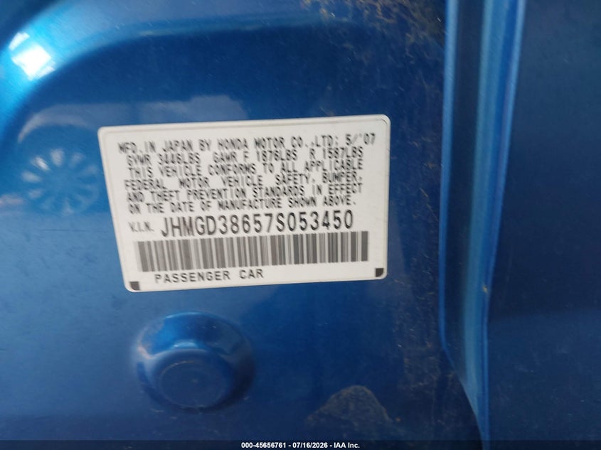 2007 Honda Fit VIN JHMGD38657S053450 IAAI salvage auction — NORMAL WEAR, Clear (Minnesota), sold $350 on 2026-07-29 (photo 9)