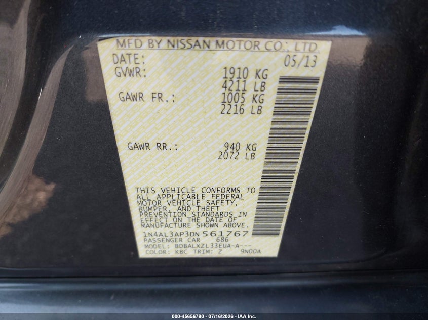 2013 Nissan Altima VIN 1N4AL3AP3DN561767 IAAI salvage auction — NORMAL WEAR, Clear (Florida), sold $400 on 2026-07-23 (photo 9)