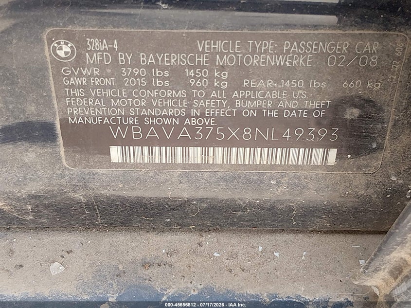 2008 BMW 3 series VIN WBAVA375X8NL49393 IAAI salvage auction — NORMAL WEAR, Original (Texas), sold $200 on 2026-08-04 (photo 9)