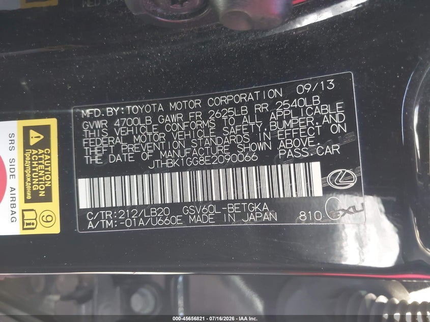 2014 Lexus ES VIN JTHBK1GG8E2090066 IAAI salvage auction — NORMAL WEAR, Clear - Dealer Only (California), sold $3,250 on 2026-07-22 (photo 9)