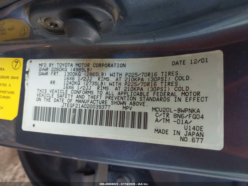 2002 Toyota Highlander VIN JTEGF21A020039377 IAAI salvage auction — NORMAL WEAR, Clear-Dealer Only (Arizona), sold $425 on 2026-07-28 (photo 9)