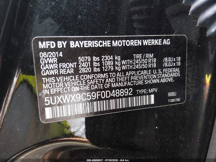 2015 BMW X3 VIN 5UXWX9C59F0D48892 IAAI salvage auction — REAR END, Bill Of Sale (Washington), sold $175 on 2026-07-29 (photo 9)