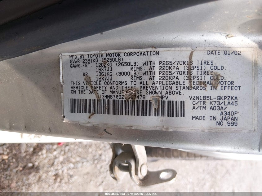 2002 Toyota 4runner VIN JT3HN87R929067478 IAAI salvage auction — ALL OVER, Clear (Virginia), sold $25 on 2026-07-31 (photo 9)
