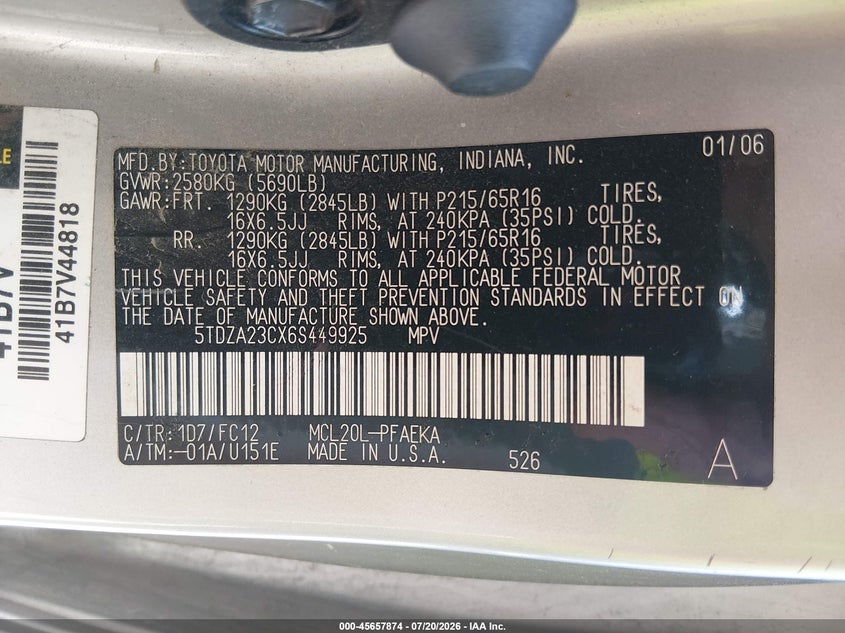2006 Toyota Sienna VIN 5TDZA23CX6S449925 IAAI salvage auction — NORMAL WEAR, Clear (Illinois), sold $500 on 2026-07-29 (photo 9)